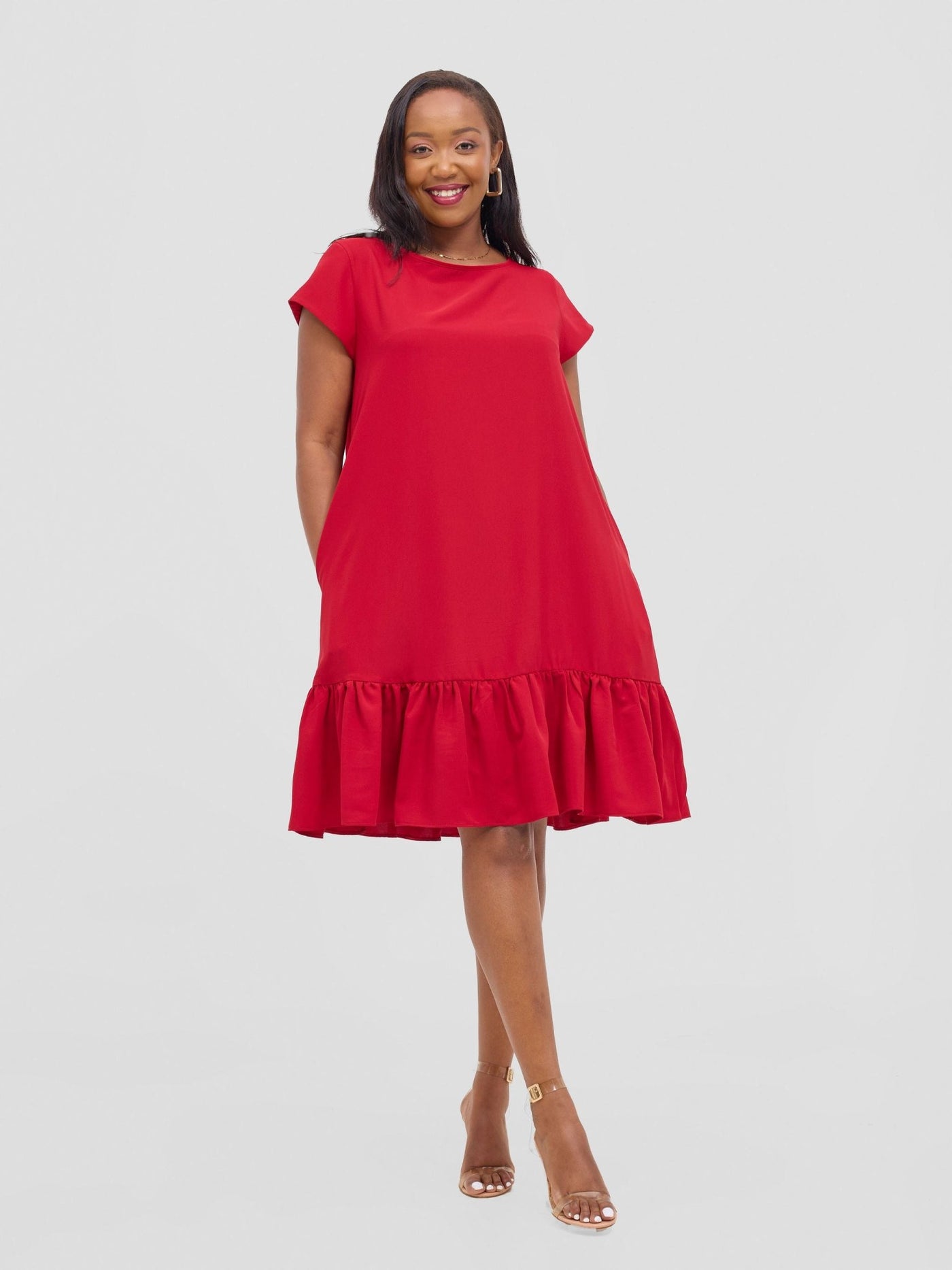 Vivo Dalia Cap Sleeve Gathered Tent Dress - Red - Shopzetu