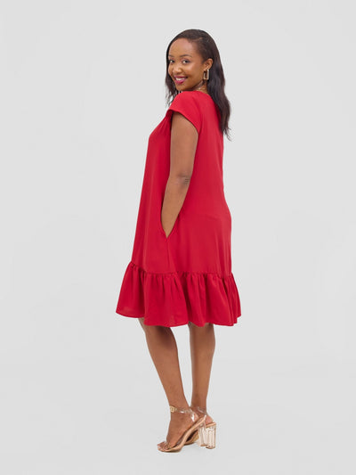 Vivo Dalia Cap Sleeve Gathered Tent Dress - Red - Shopzetu