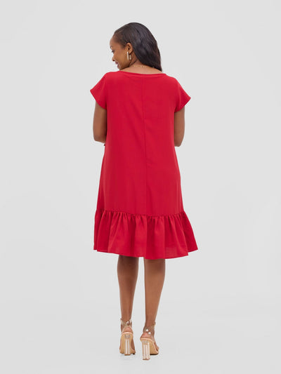 Vivo Dalia Cap Sleeve Gathered Tent Dress - Red - Shopzetu