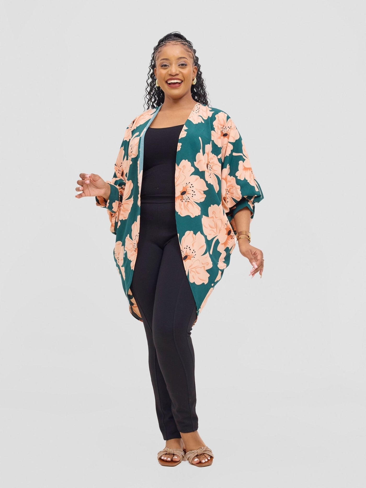 Vivo Pelia Butterfly Kimono - Green / Peach Print - Shopzetu