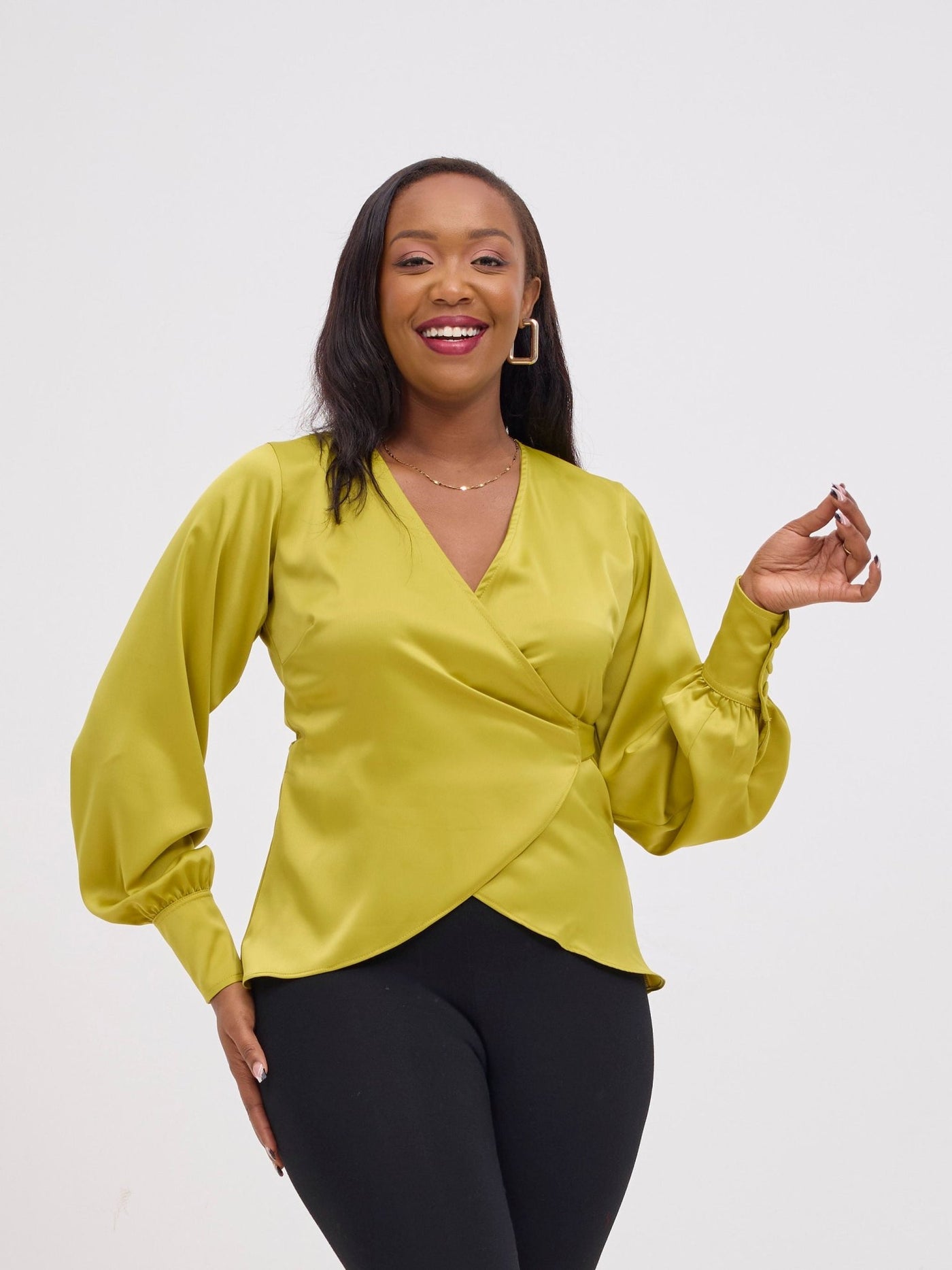 Vivo Merika Satin Wrap Top - Lime - Shopzetu