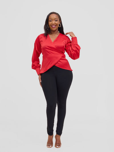 Vivo Merika Satin Wrap Top - Red - Shopzetu