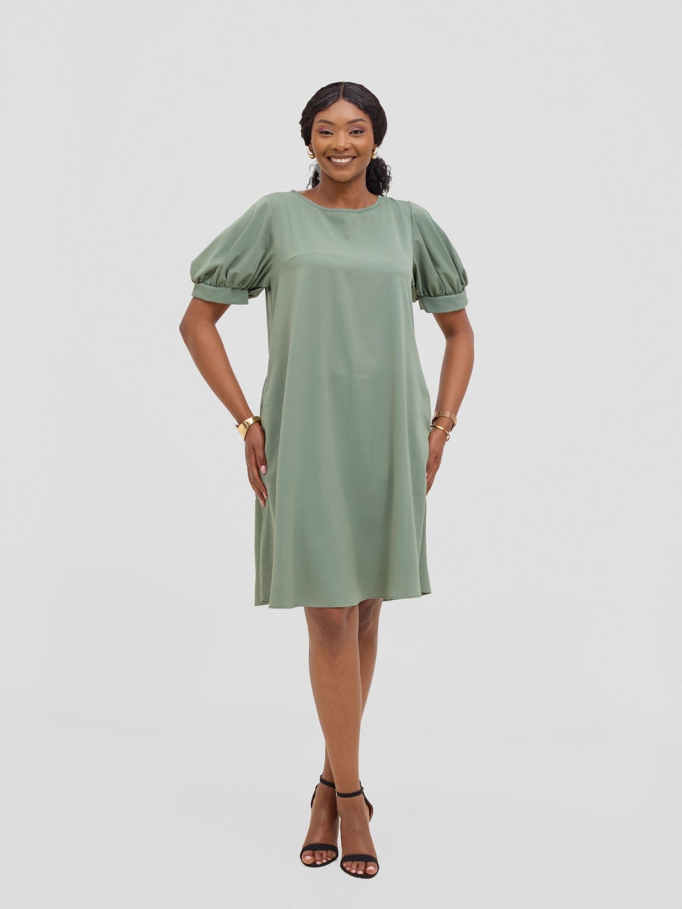 Vivo Wingu Puff Sleeve Knee Length Dress - Dusty Green - Shopzetu