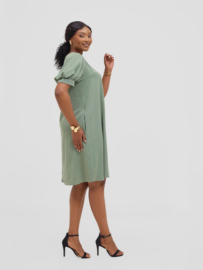 Vivo Wingu Puff Sleeve Knee Length Dress - Dusty Green - Shopzetu