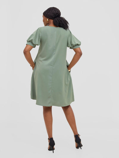 Vivo Wingu Puff Sleeve Knee Length Dress - Dusty Green - Shopzetu