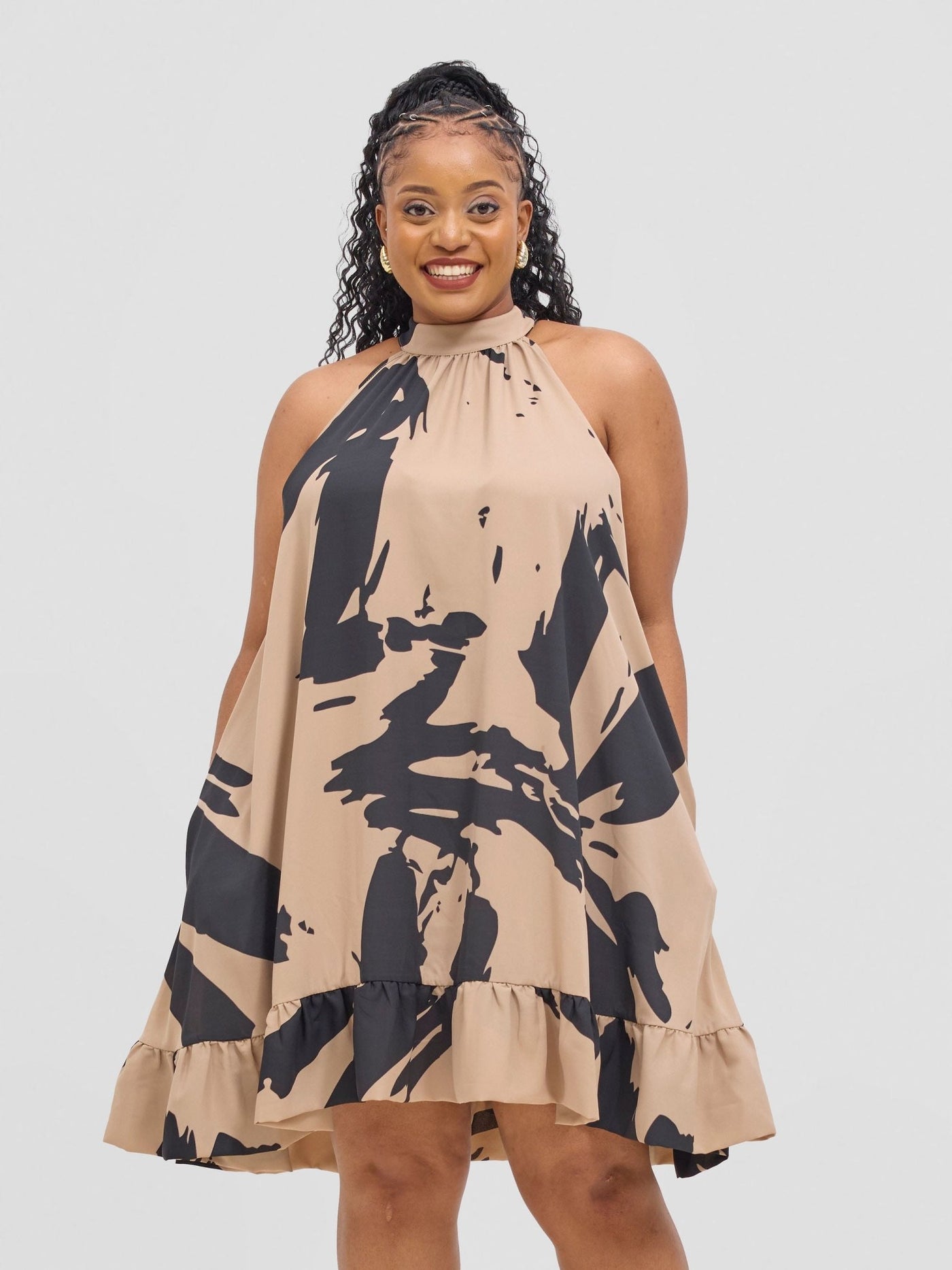 Vivo Beali Baby Doll Dress - Taupe / Black Lea Print - Shopzetu