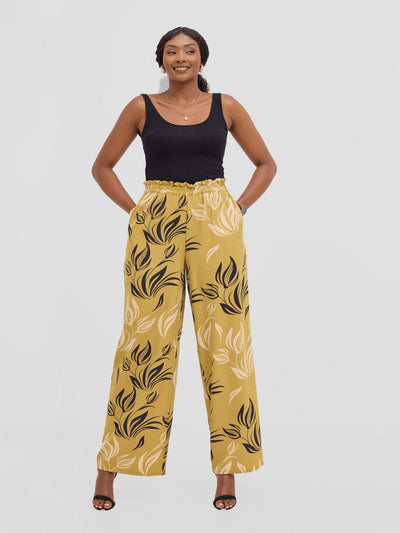 Vivo Sanali Wide Leg Pants - Dark Mustard / peach Print - Shopzetu