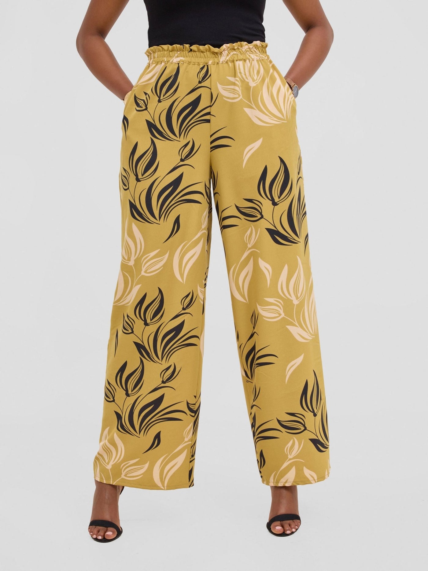 Vivo Sanali Wide Leg Pants - Dark Mustard / peach Print - Shopzetu