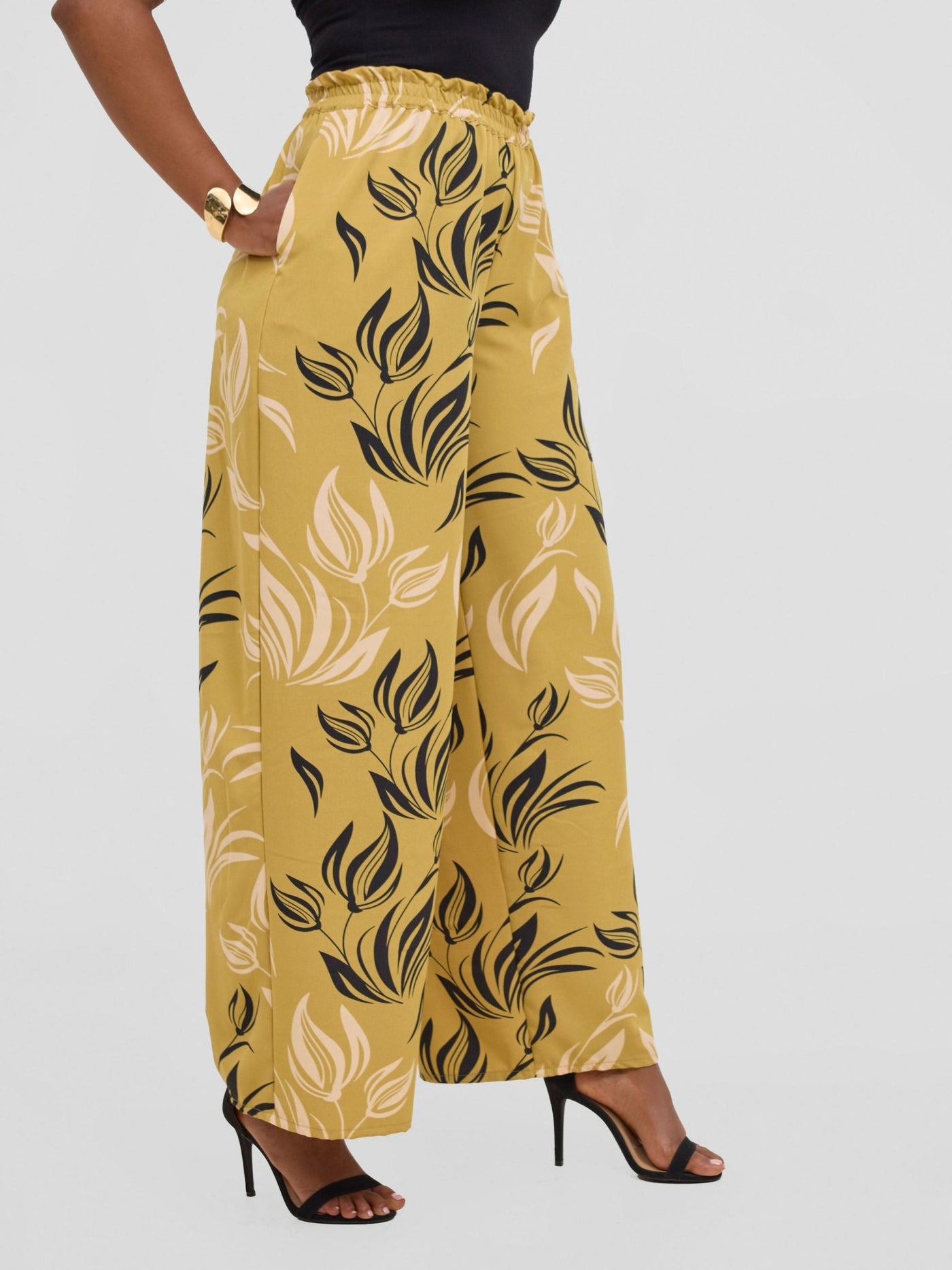 Vivo Sanali Wide Leg Pants - Dark Mustard / peach Print - Shopzetu