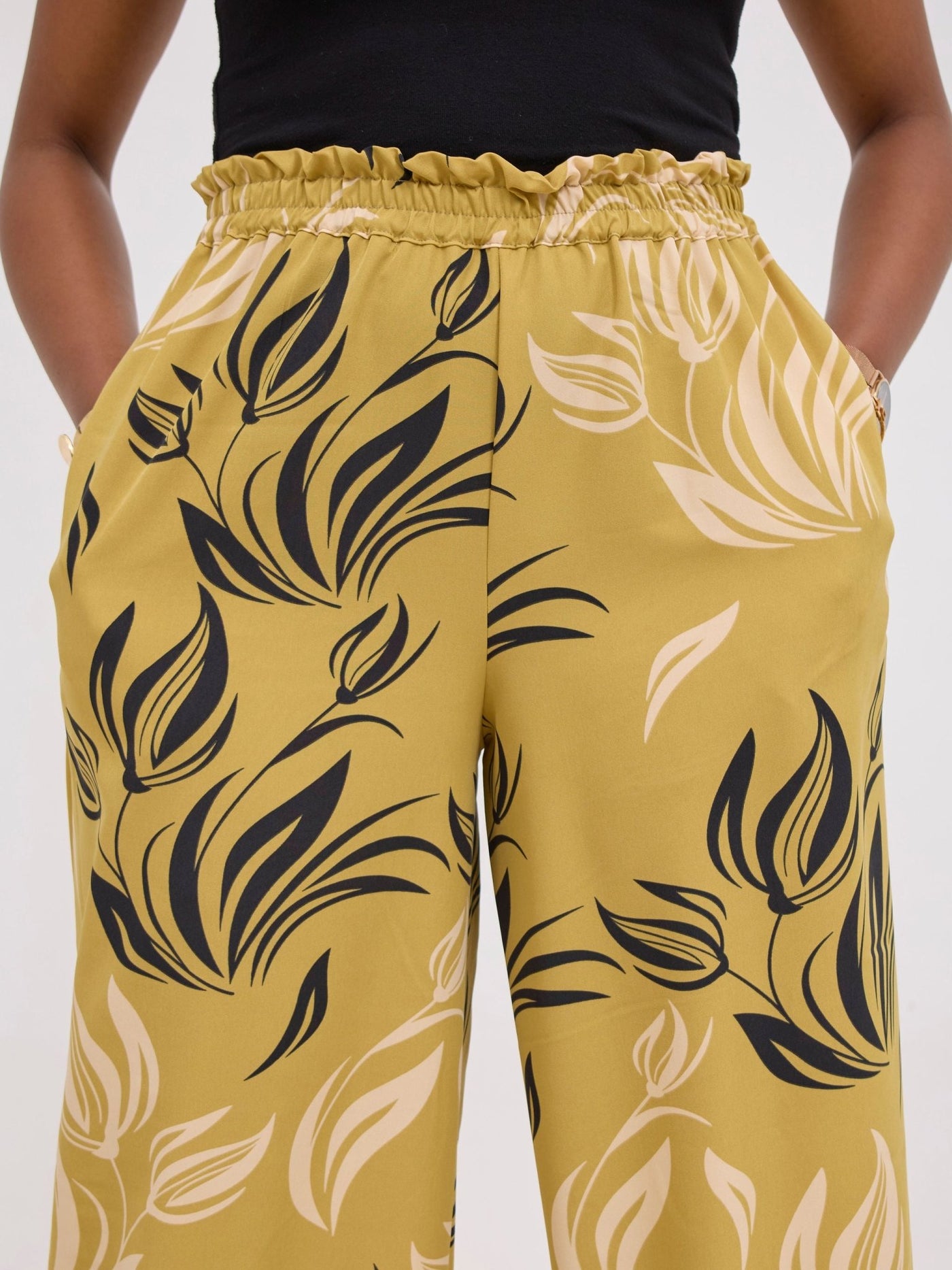 Vivo Sanali Wide Leg Pants - Dark Mustard / peach Print - Shopzetu