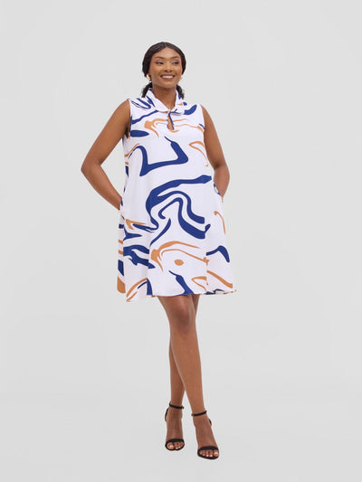 Vivo Asha Sleeveless Knee Length Dress - White / Navy Print - Shopzetu