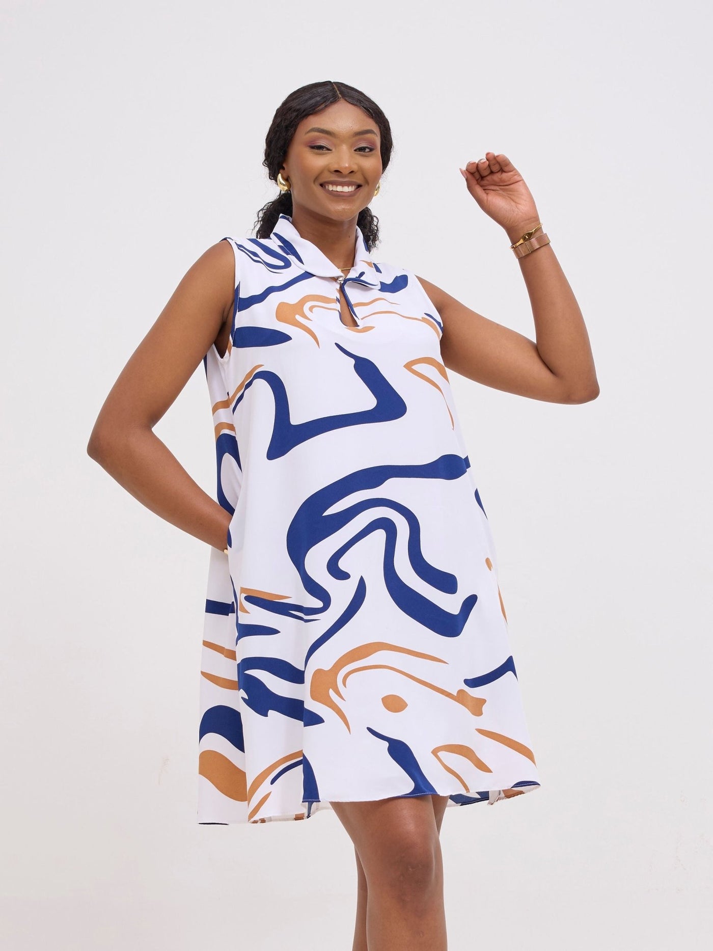 Vivo Asha Sleeveless Knee Length Dress - White / Navy Print - Shopzetu