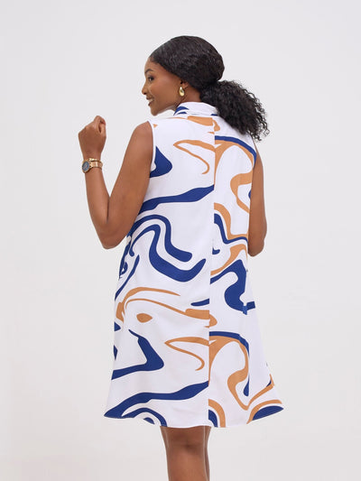 Vivo Asha Sleeveless Knee Length Dress - White / Navy Print - Shopzetu