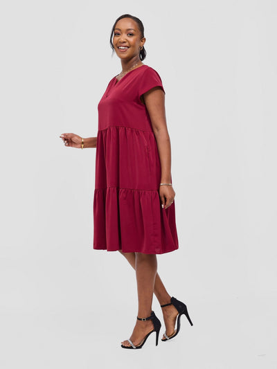 Vivo Pelia Round Neck Dress - Maroon - Shopzetu