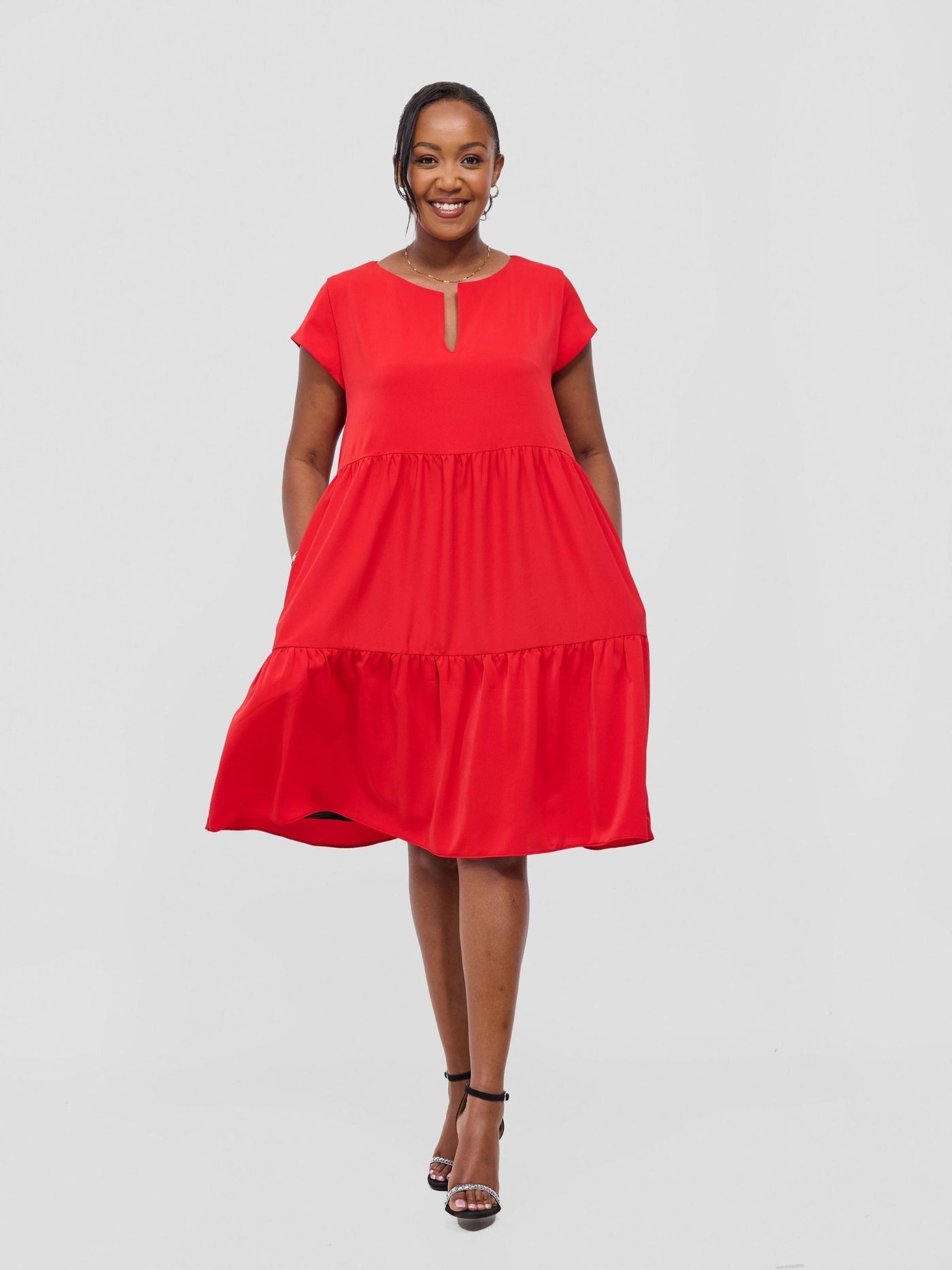 Vivo Pelia Round Neck Dress - Red - Shopzetu