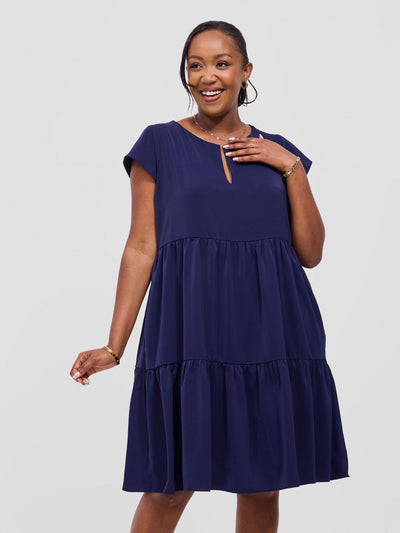 Vivo Pelia Round Neck Dress - Navy - Shopzetu