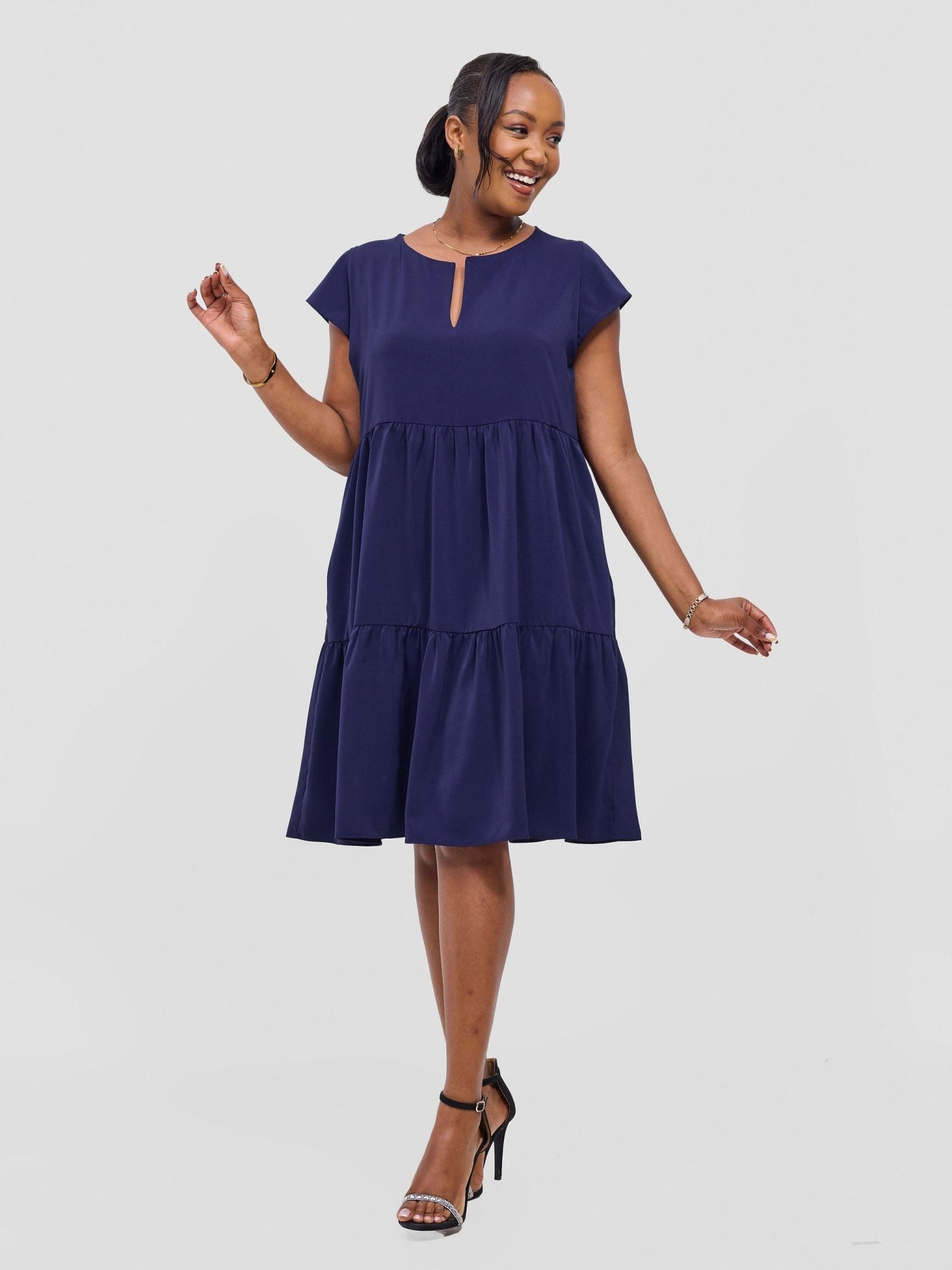 Vivo Pelia Round Neck Dress - Navy - Shopzetu