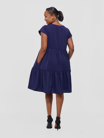 Vivo Pelia Round Neck Dress - Navy - Shopzetu