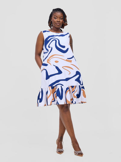 Vivo Dalia Sleeveless Gathered Tent Dress - White / Navy Print - Shopzetu