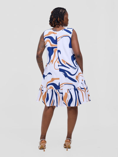 Vivo Dalia Sleeveless Gathered Tent Dress - White / Navy Print - Shopzetu