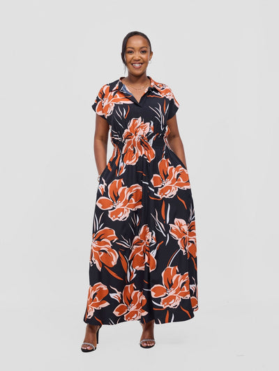 Vivo Zena Shirred Waist Maxi Shirt Dress - Rust Jazah Print - Shopzetu