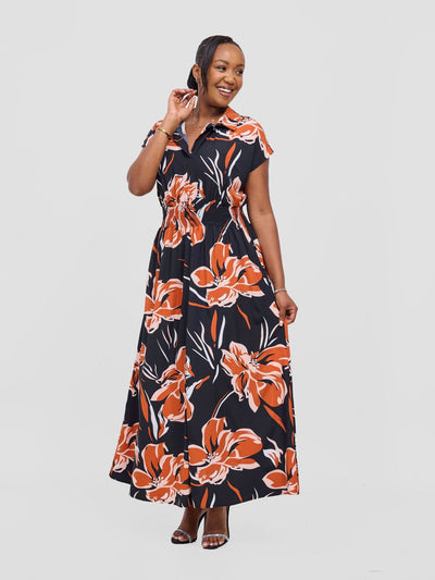 Vivo Zena Shirred Waist Maxi Shirt Dress - Rust Jazah Print - Shopzetu