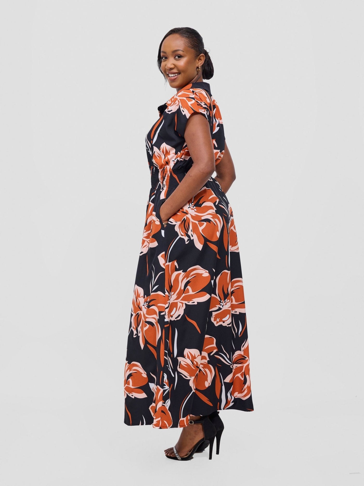 Vivo Zena Shirred Waist Maxi Shirt Dress - Rust Jazah Print - Shopzetu