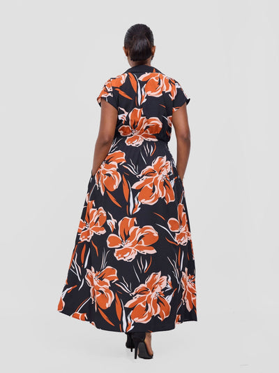 Vivo Zena Shirred Waist Maxi Shirt Dress - Rust Jazah Print - Shopzetu