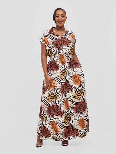 Vivo Zena Shirred Waist Maxi Shirt Dress - Cream Jazah Print - Shopzetu