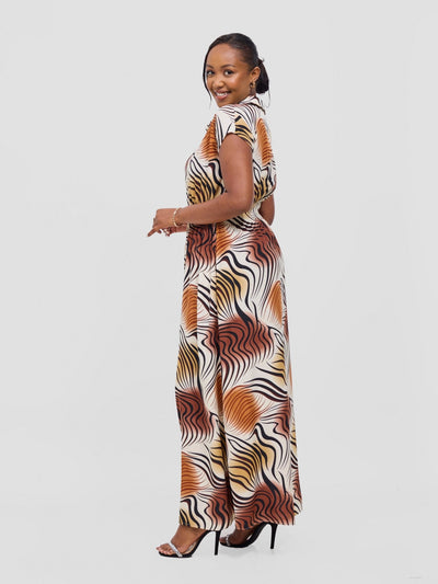 Vivo Zena Shirred Waist Maxi Shirt Dress - Cream Jazah Print - Shopzetu