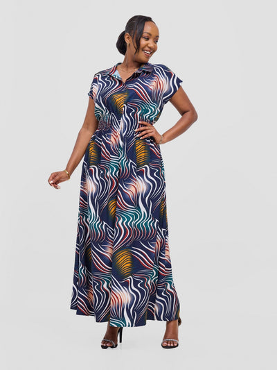 Vivo Zena Shirred Waist Maxi Shirt Dress - Navy Jazah Print - Shopzetu