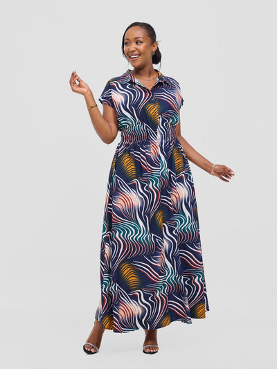 Vivo Zena Shirred Waist Maxi Shirt Dress - Navy Jazah Print - Shopzetu