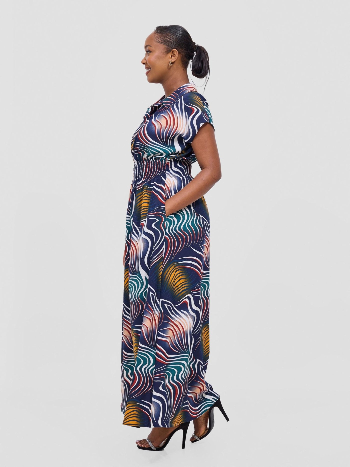 Vivo Zena Shirred Waist Maxi Shirt Dress - Navy Jazah Print - Shopzetu