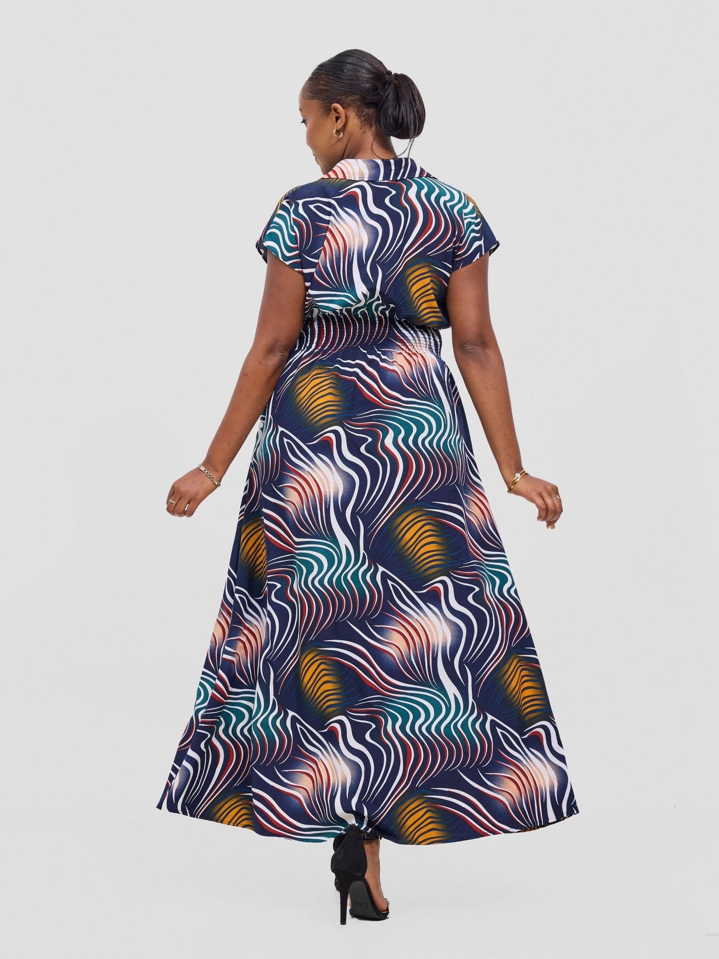 Vivo Zena Shirred Waist Maxi Shirt Dress - Navy Jazah Print - Shopzetu