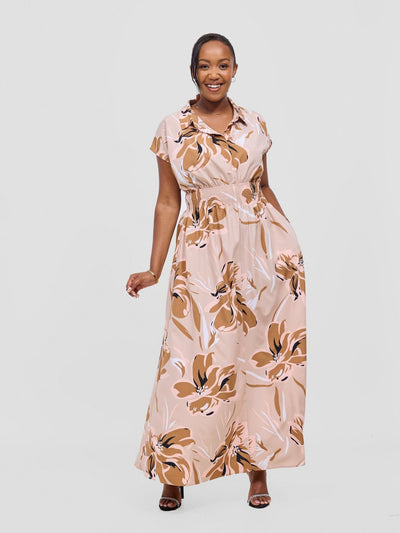 Vivo Zena Shirred Waist Maxi Shirt Dress - Taupe Jazah Print - Shopzetu