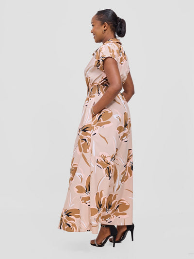 Vivo Zena Shirred Waist Maxi Shirt Dress - Taupe Jazah Print - Shopzetu