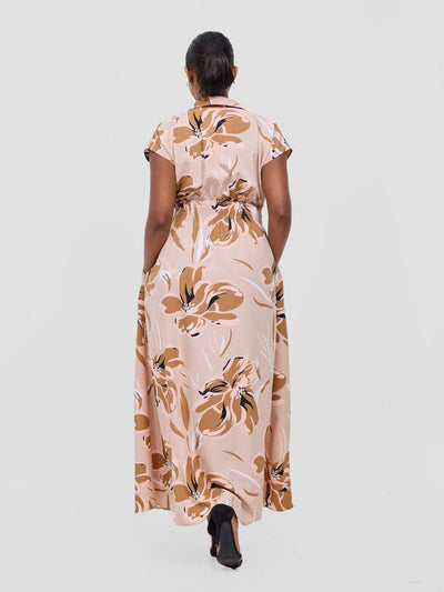 Vivo Zena Shirred Waist Maxi Shirt Dress - Taupe Jazah Print - Shopzetu