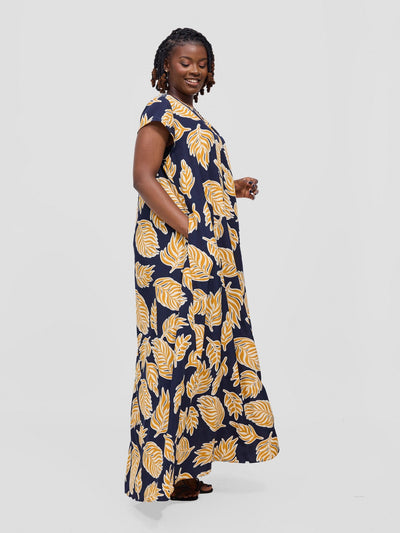 Sakari Cap Sleeve Maxi Dress - Dark Navy / Mustard Print - Shopzetu