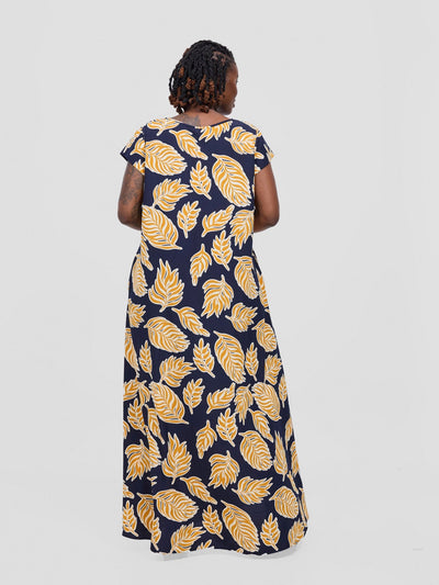 Sakari Cap Sleeve Maxi Dress - Dark Navy / Mustard Print - Shopzetu