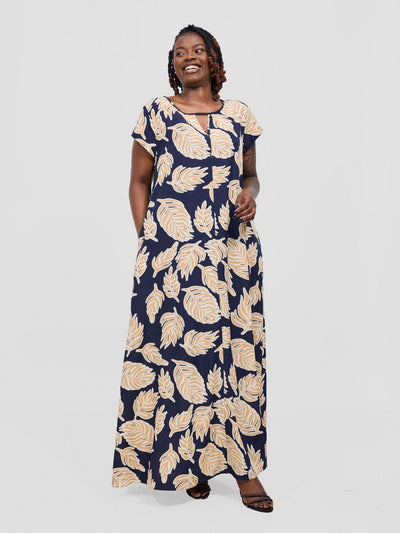 Sakari Cap Sleeve Maxi Dress - Dark Navy / Peach Print - Shopzetu