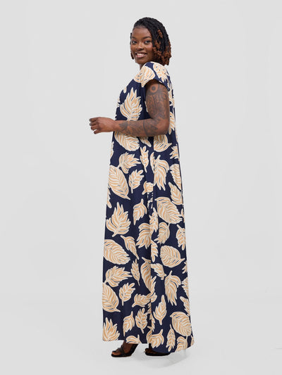 Sakari Cap Sleeve Maxi Dress - Dark Navy / Peach Print - Shopzetu