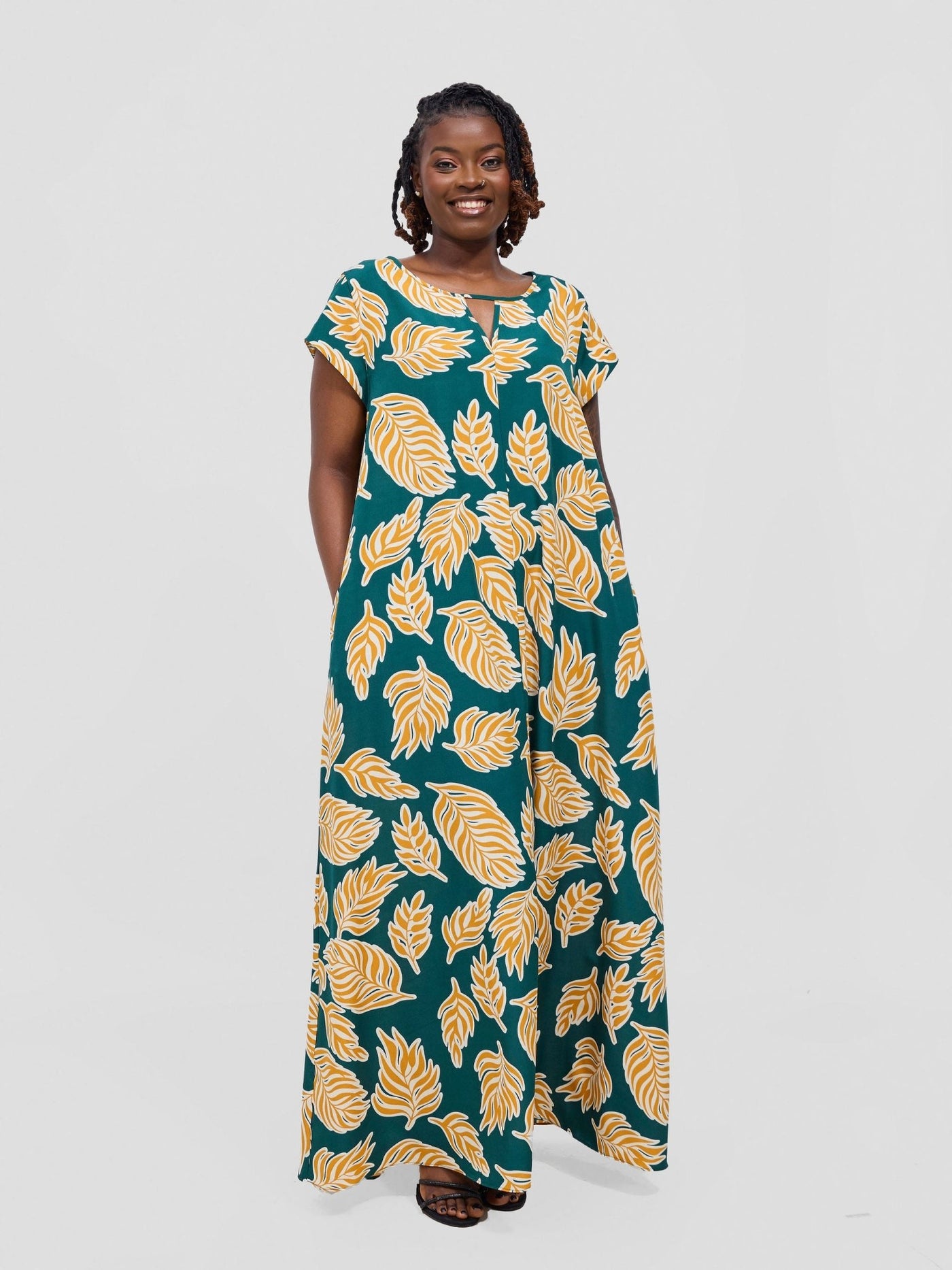 Sakari Cap Sleeve Maxi Dress - Green / Mustard Print - Shopzetu