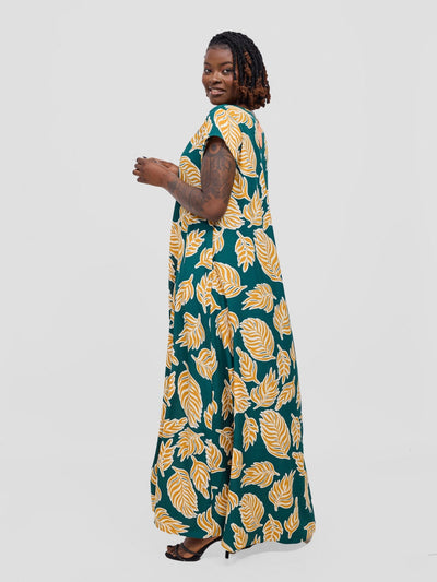 Sakari Cap Sleeve Maxi Dress - Green / Mustard Print - Shopzetu