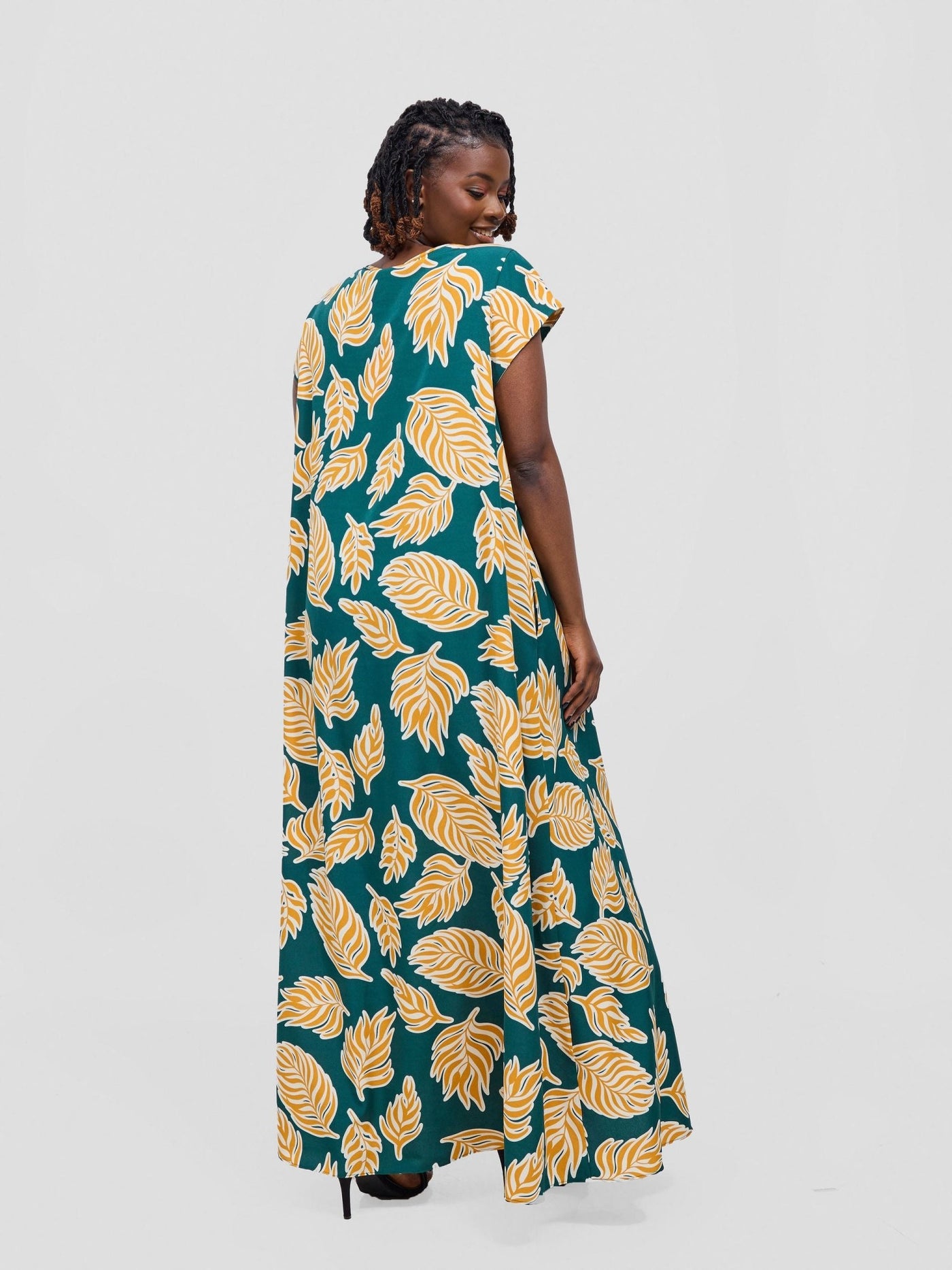 Sakari Cap Sleeve Maxi Dress - Green / Mustard Print - Shopzetu