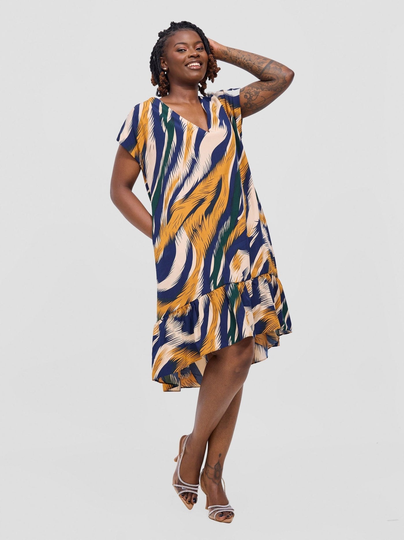 Vivo Asha Drop Shoulder Knee Length Dress - Dark Navy / Cream Samara Print - Shopzetu