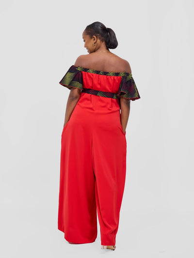 Vivo Fara Off Shoulder Flounce Sleeve Jumpsuit - Red - Shopzetu