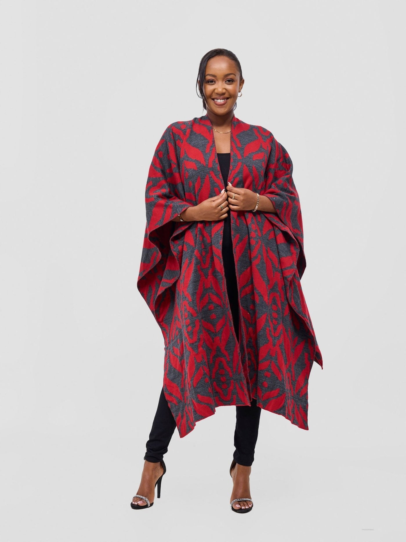 Vivo Reversible Poncho without Fringes - Cherry / Dark Mix Grey Ukwi Print - Shopzetu