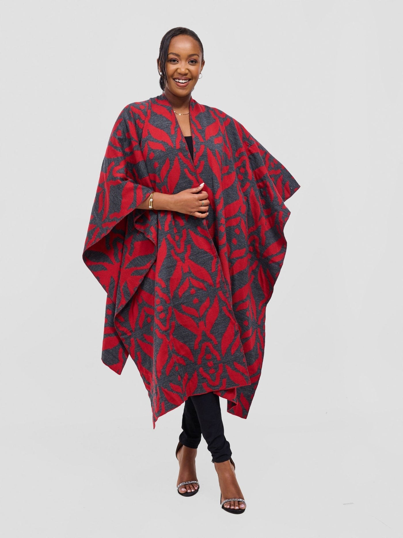 Vivo Reversible Poncho without Fringes - Cherry / Dark Mix Grey Ukwi Print - Shopzetu