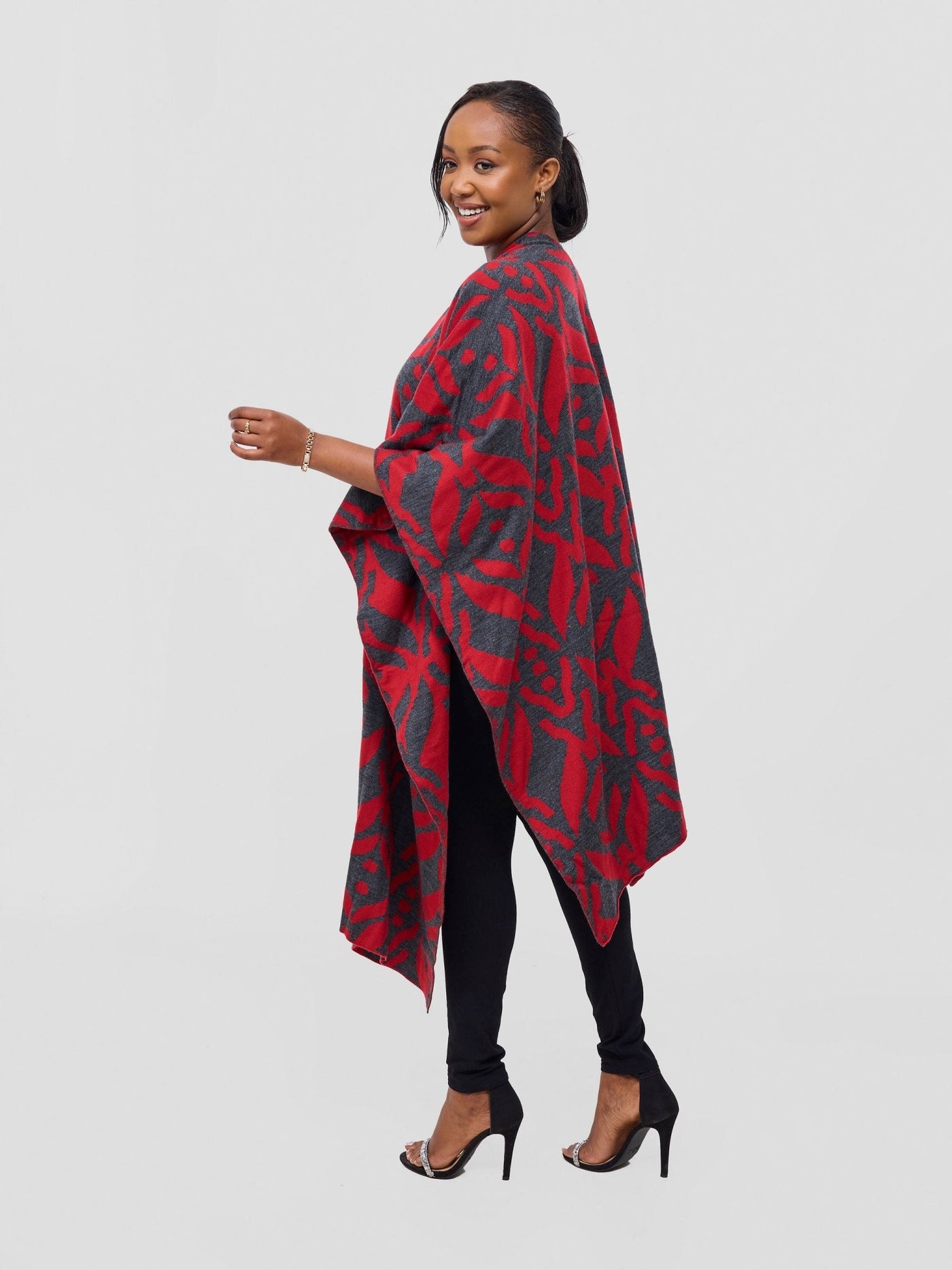 Vivo Reversible Poncho without Fringes - Cherry / Dark Mix Grey Ukwi Print - Shopzetu