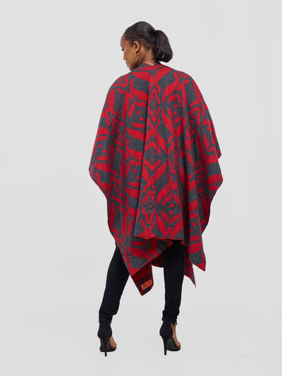 Vivo Reversible Poncho without Fringes - Cherry / Dark Mix Grey Ukwi Print - Shopzetu